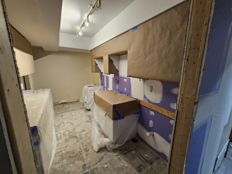 Bathroom during — moisture board installed, vanity tops set