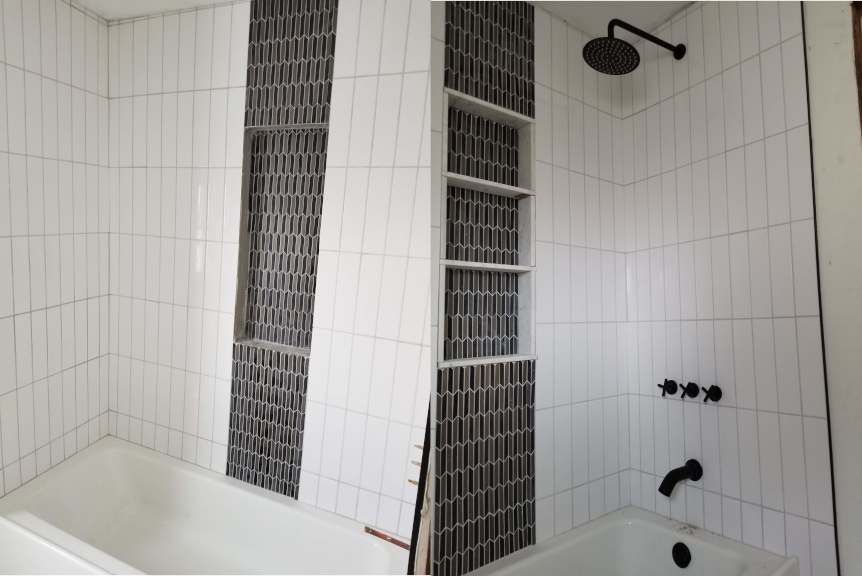 Second floor shower — subway tile and marble accent niche during and after